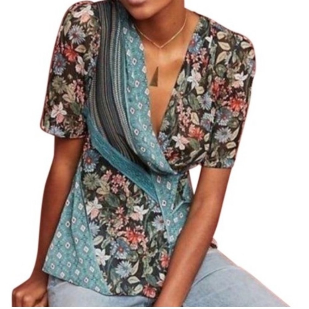 Anthropologie Tiny Green Floral Tie Wrap Crossover Lightweight Sheer Blouse